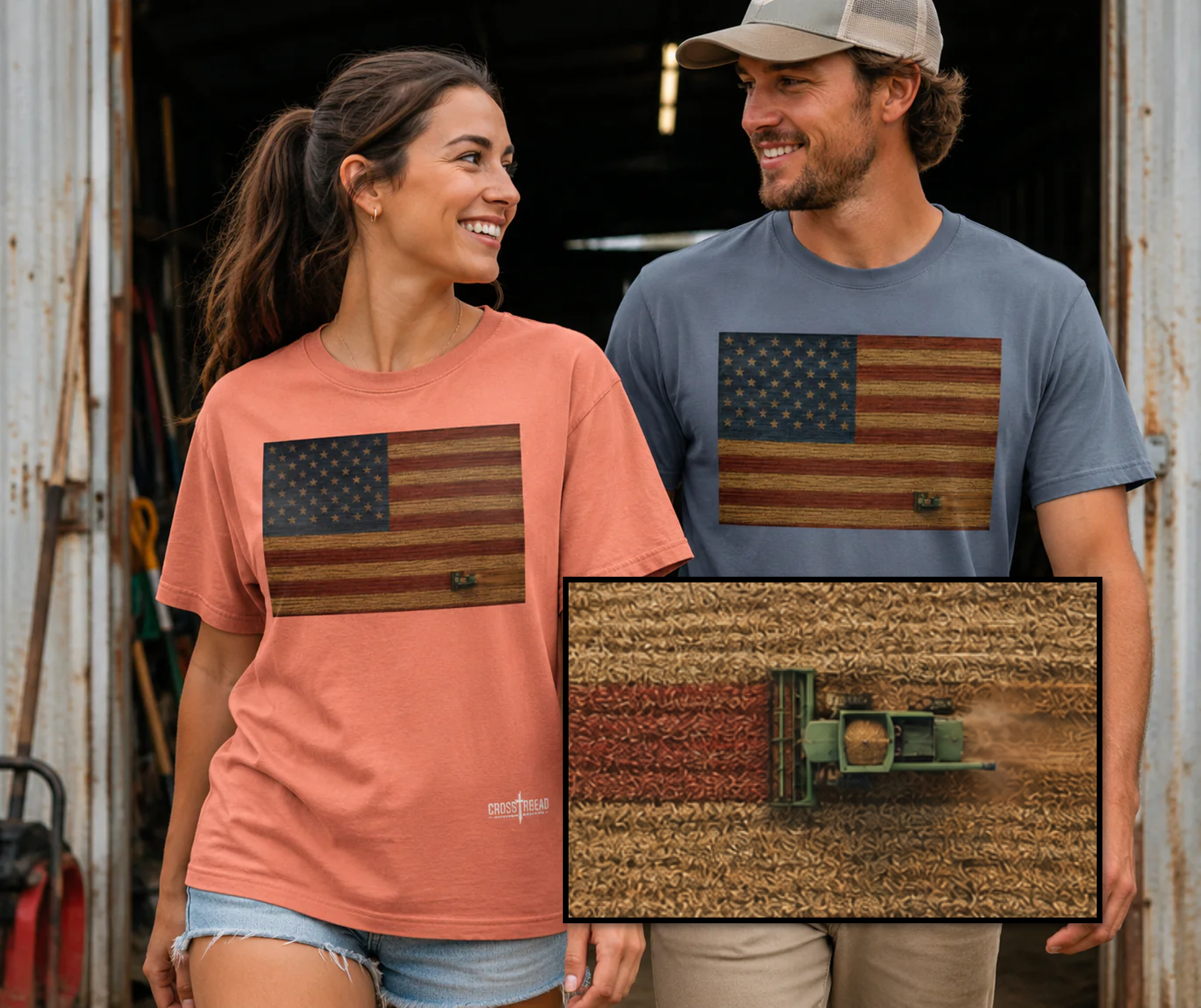 Patriotic Farmer T-Shirt — American Flag with Combine Harvester | American Grain Harvest Tee