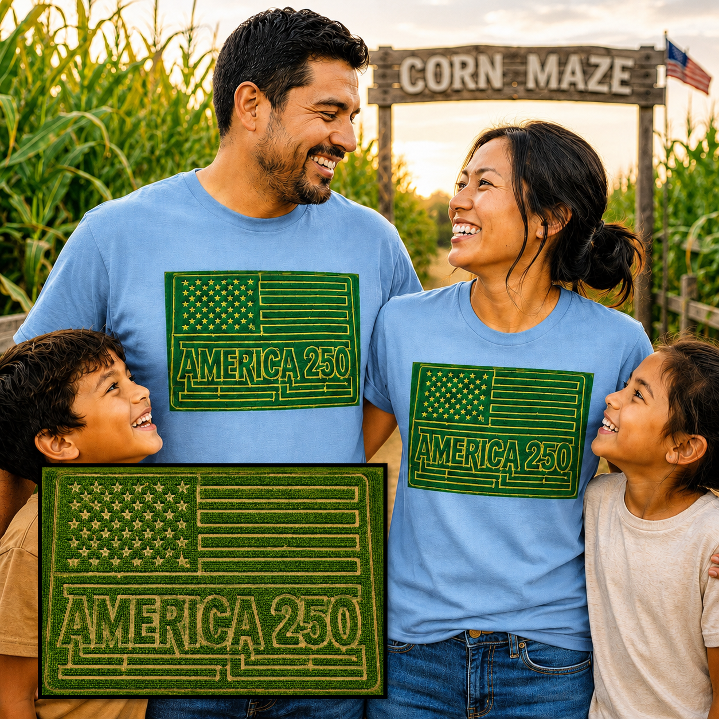 America 250 Corn Maze Flag T-Shirt — Vintage Patriotic Graphic Tee