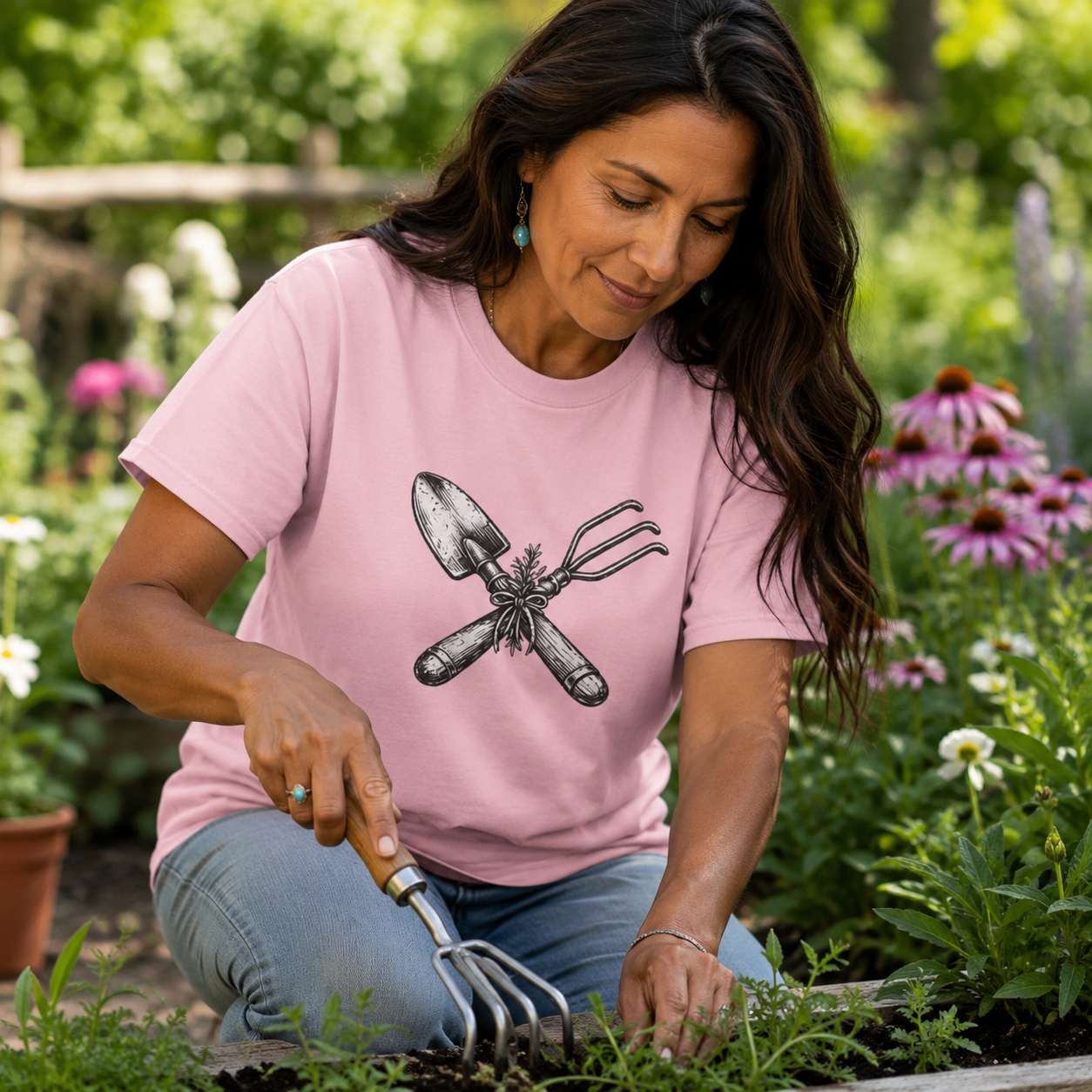 Gardener Crossed Trowel & Cultivator Tee — Vintage Gardening Tool Graphic Shirt