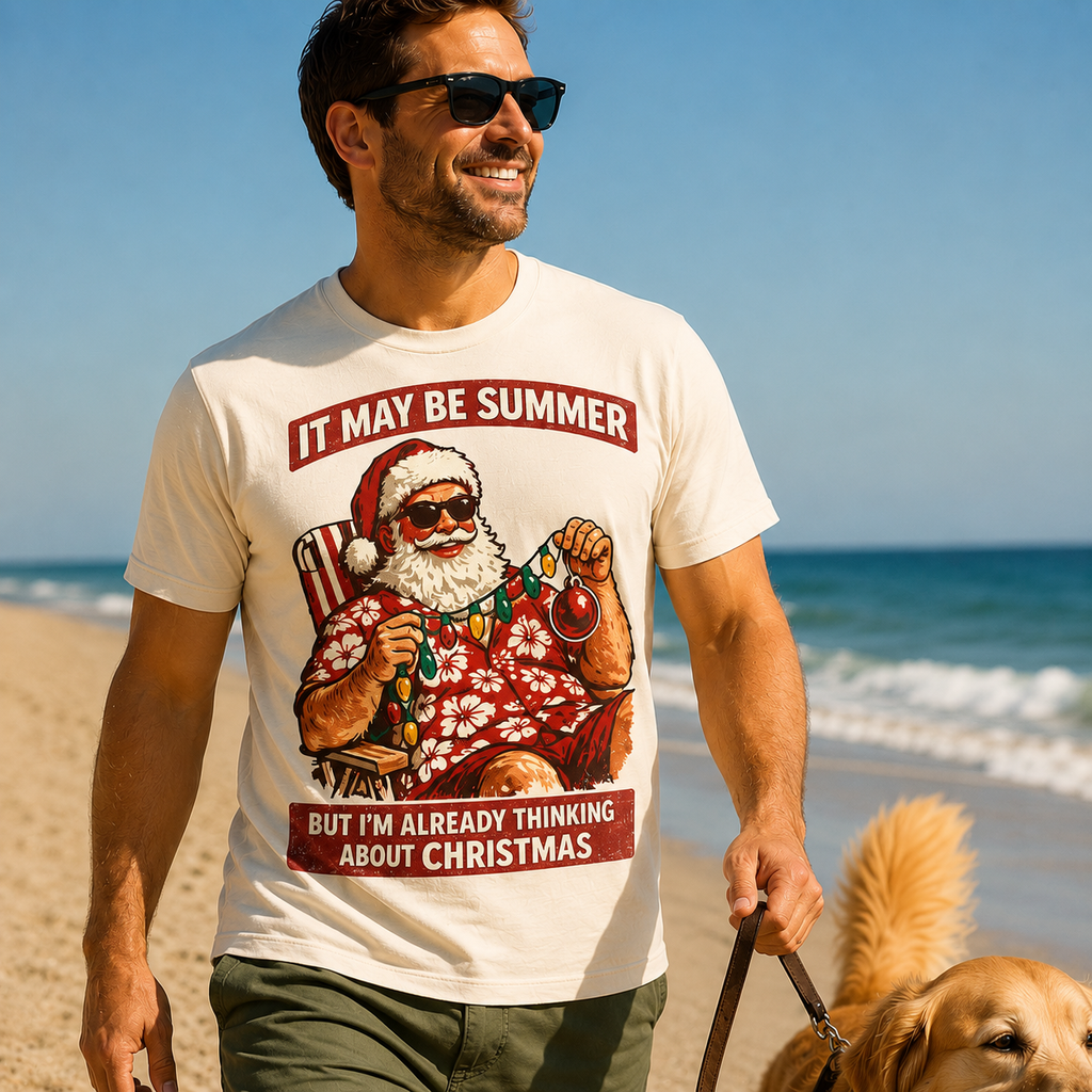 "It May Be Summer But I'm Already Thinking About Christmas" — Christmas-in-July Santa Beach Graphic T