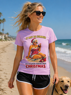 “It May Be Summer But I’m Already Thinking About Christmas”  — Mrs Claus Beach T Shirt