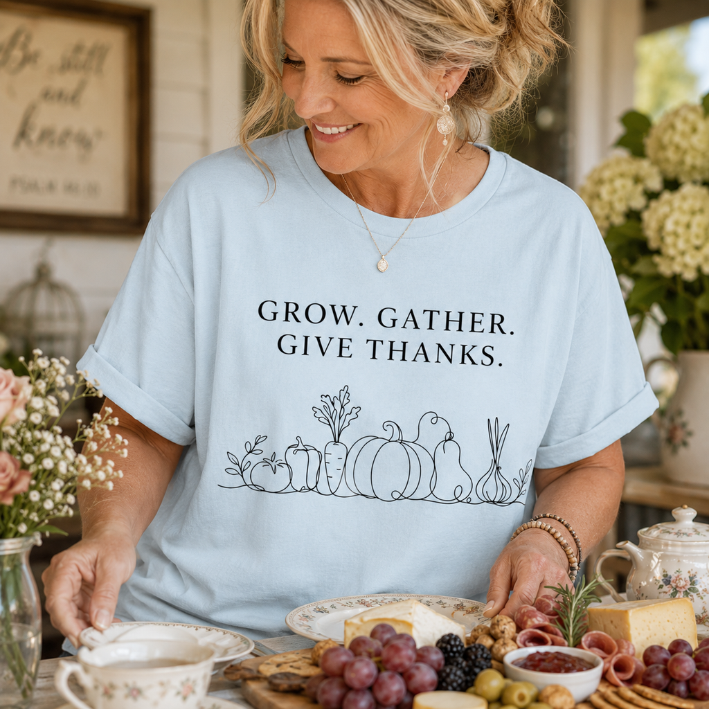 Grow. Gather. Give Thanks. T-Shirt — Garden Harvest Graphic Tee