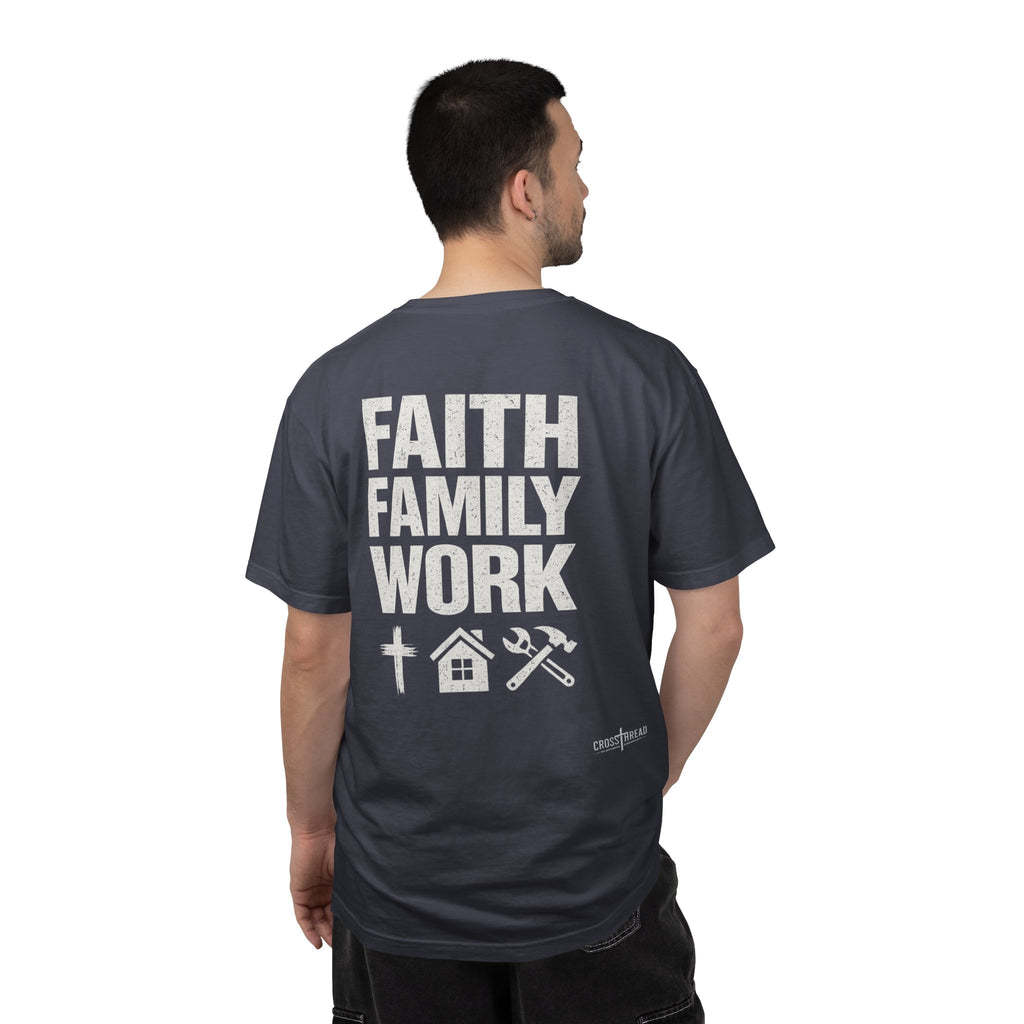 Faith Family Work T-Shirt — Inspirational Christian Men’s Tee