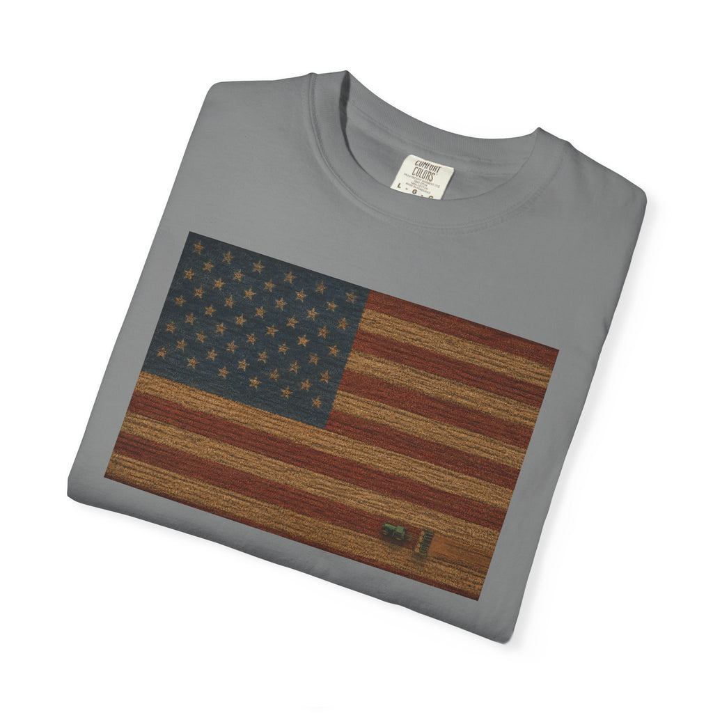 Patriotic Farmer Tractor T‑Shirt — American Flag Farm Tee
