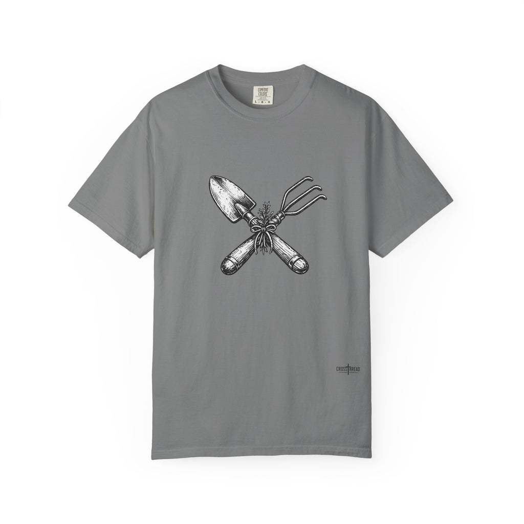 Gardener Crossed Trowel & Cultivator Tee — Vintage Gardening Tool Graphic Shirt
