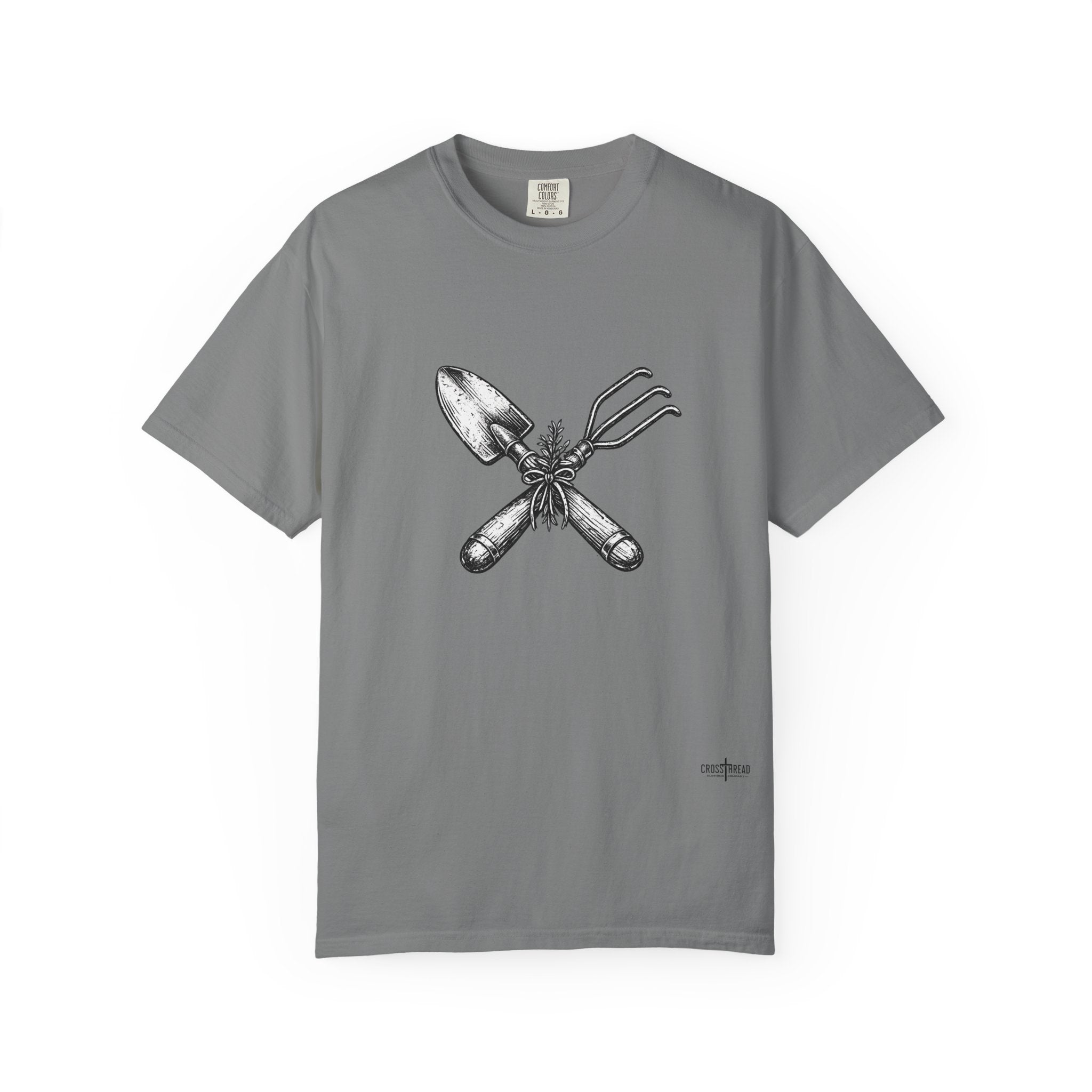 Gardener Crossed Trowel & Cultivator Tee — Vintage Gardening Tool Graphic Shirt