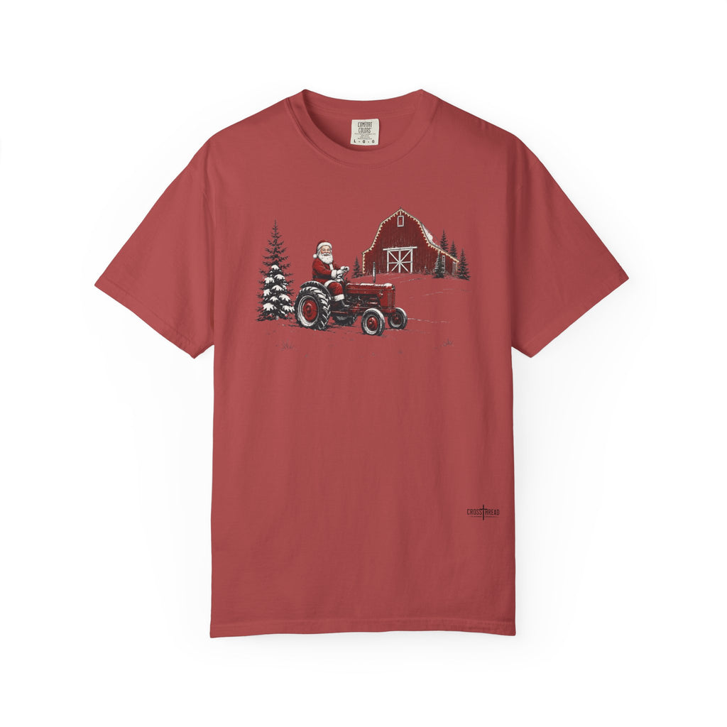 Rustic Santa Tractor and Barn Comfort Colors Shirt