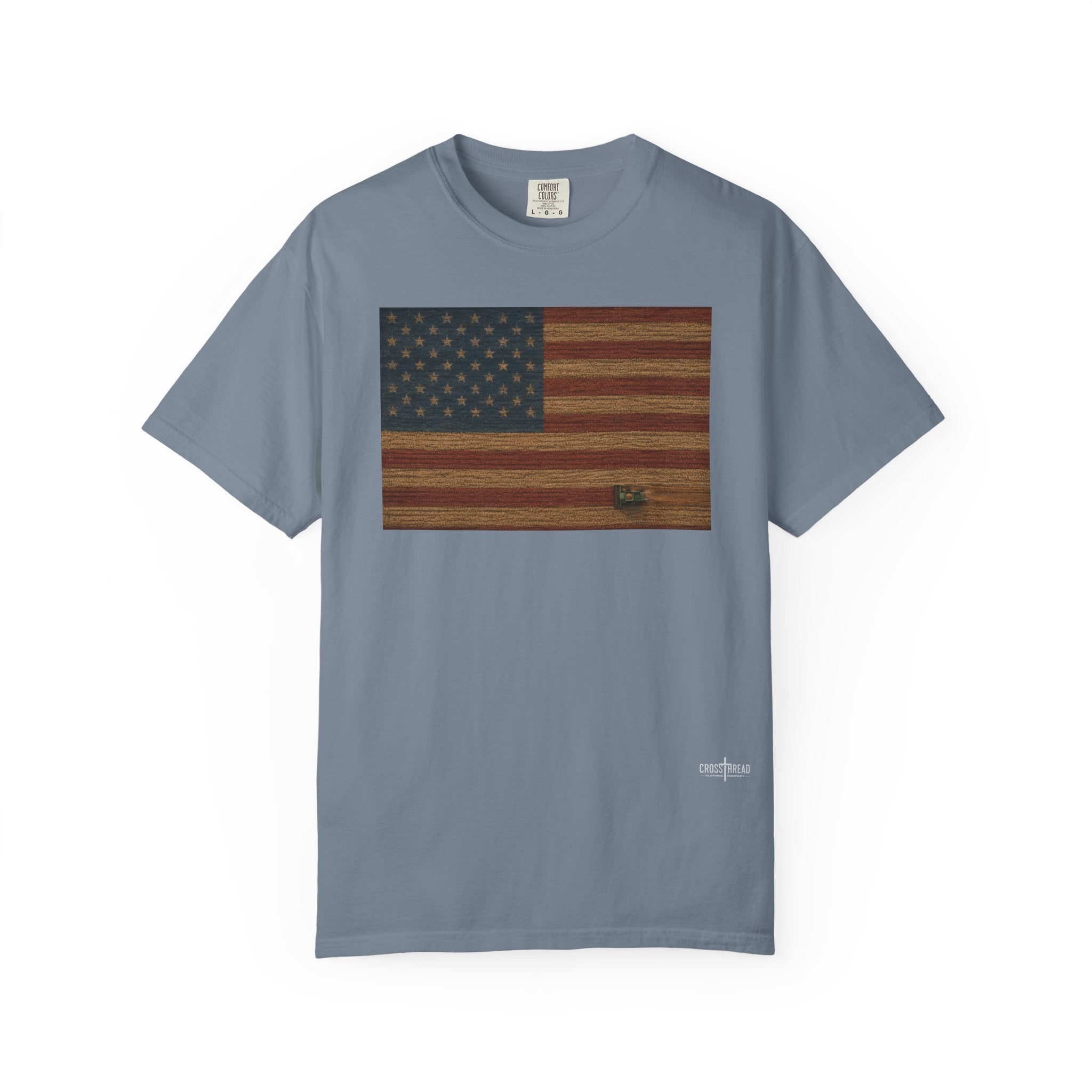 Patriotic Farmer T-Shirt — American Flag with Combine Harvester | American Grain Harvest Tee