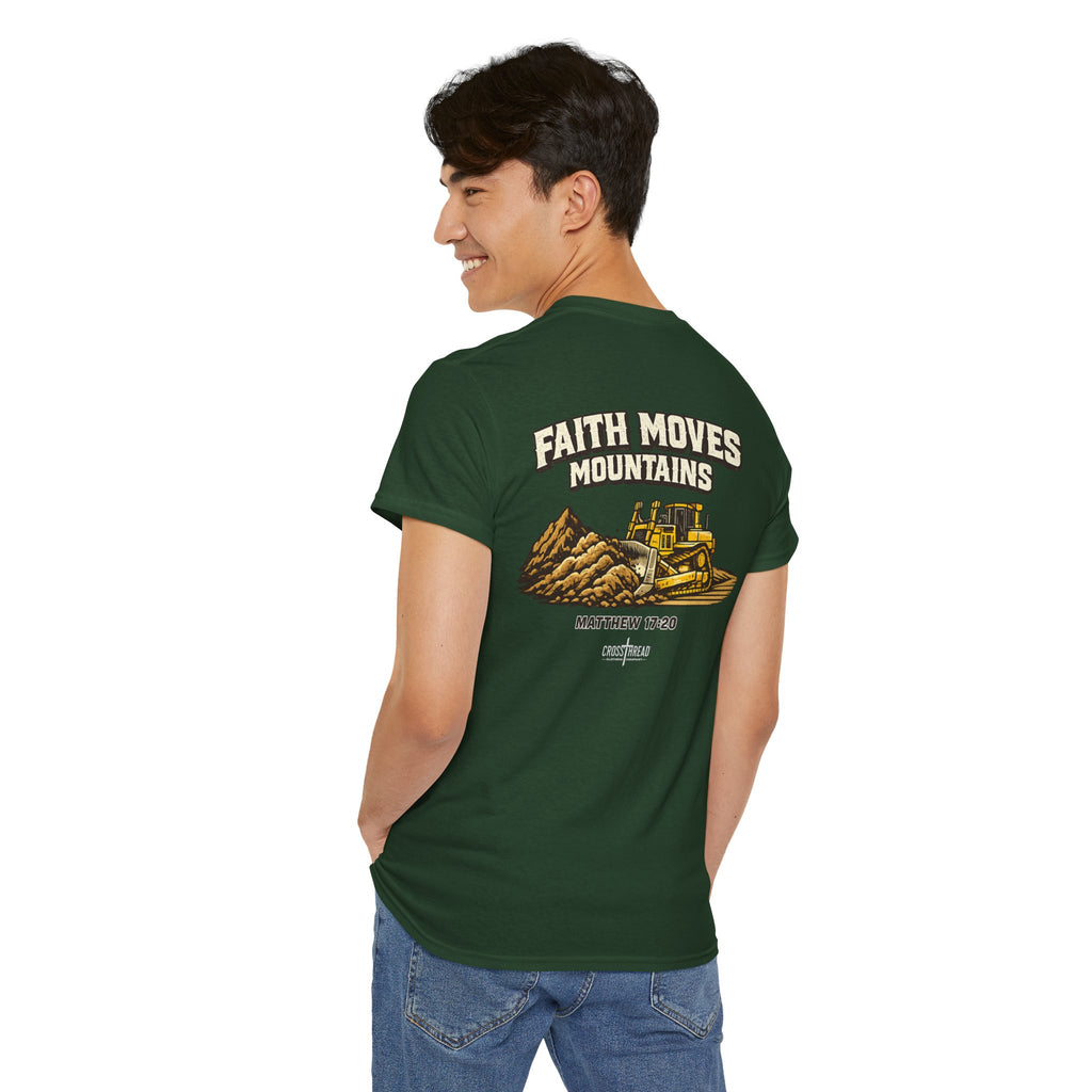 Faith Moves Mountains T‑Shirt — Inspirational Mountain & Bulldozer Graphic Tee