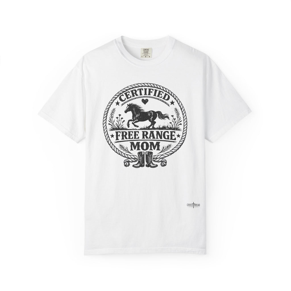 Certified Free Range Mom T-Shirt —  Farm Mom Tee, Horse & Boots Graphic