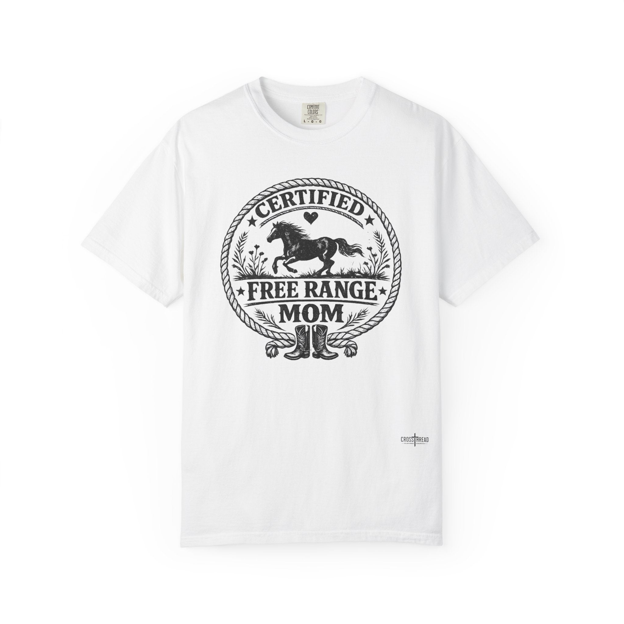 Certified Free Range Mom T-Shirt —  Farm Mom Tee, Horse & Boots Graphic