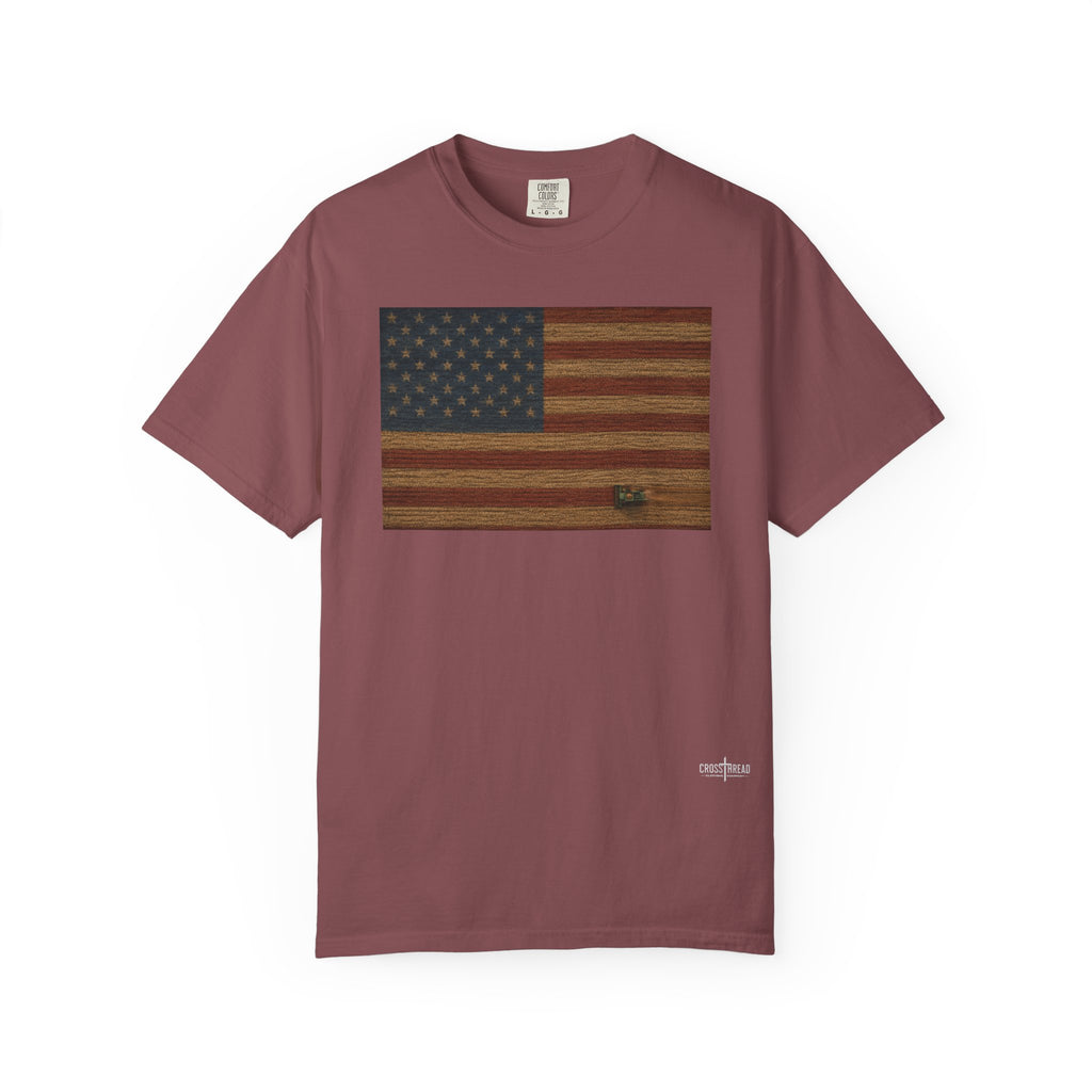 Patriotic Farmer T-Shirt — American Flag with Combine Harvester | American Grain Harvest Tee