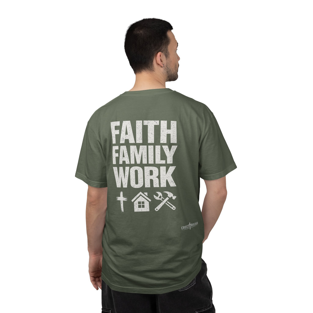Faith Family Work T-Shirt — Inspirational Christian Men’s Tee