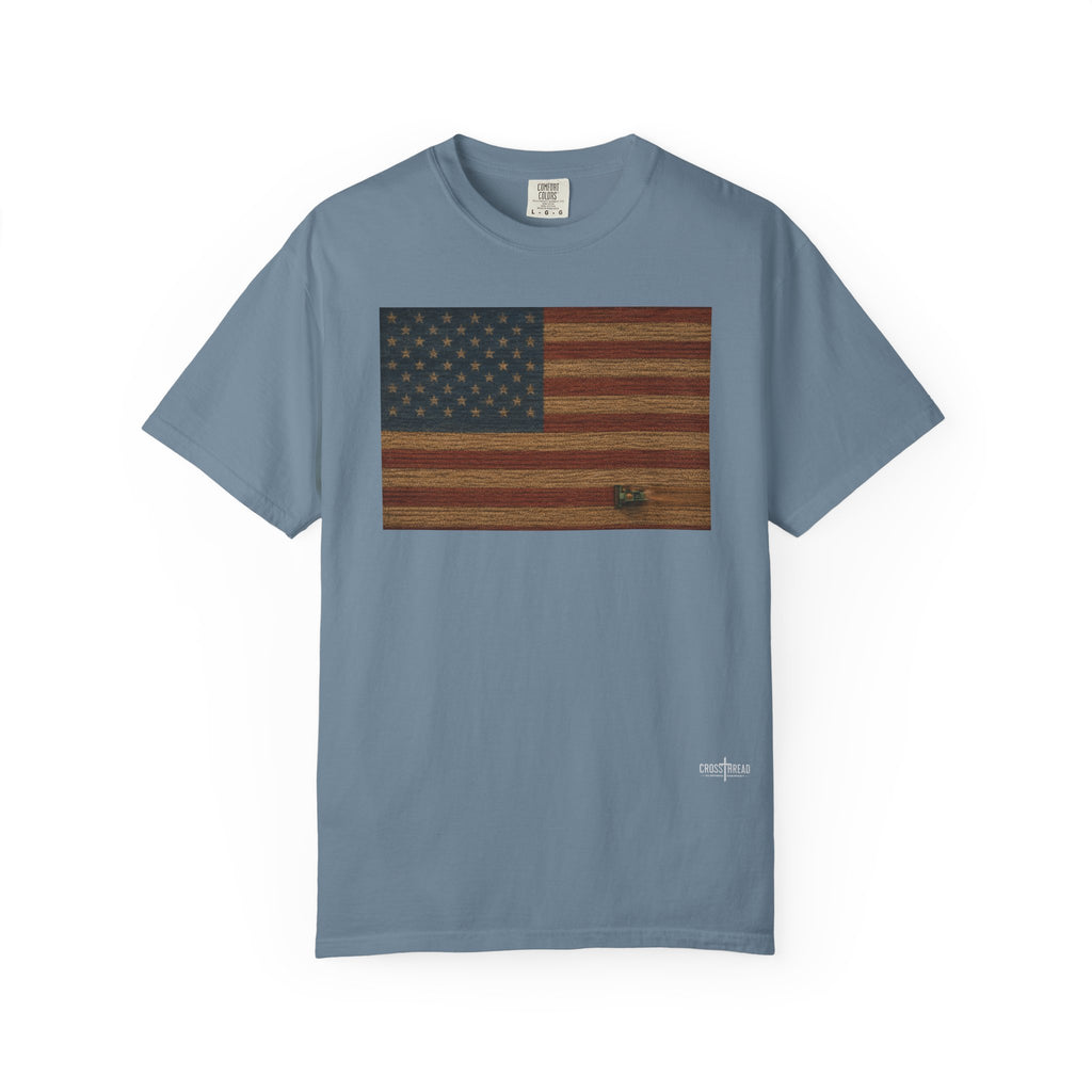 Patriotic Farmer T-Shirt — American Flag with Combine Harvester | American Grain Harvest Tee