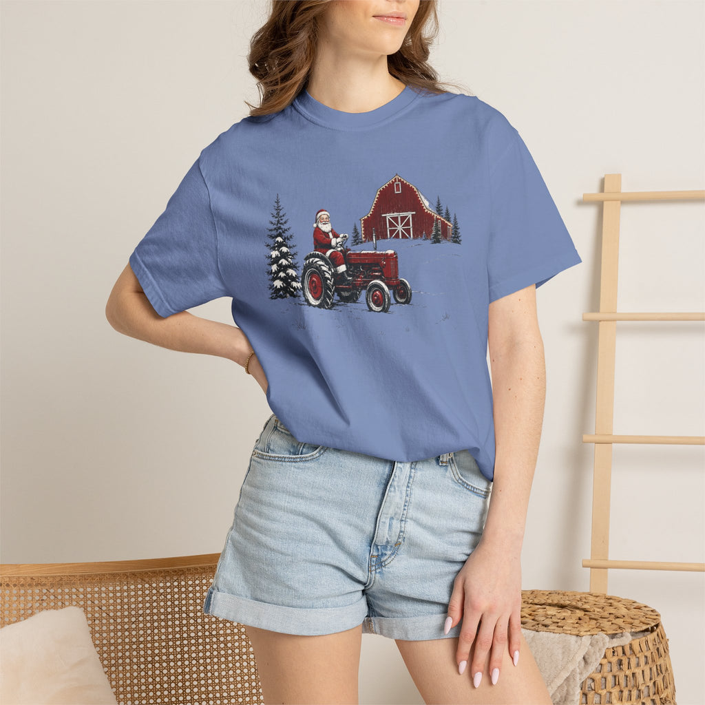 Rustic Santa Tractor and Barn Comfort Colors Shirt