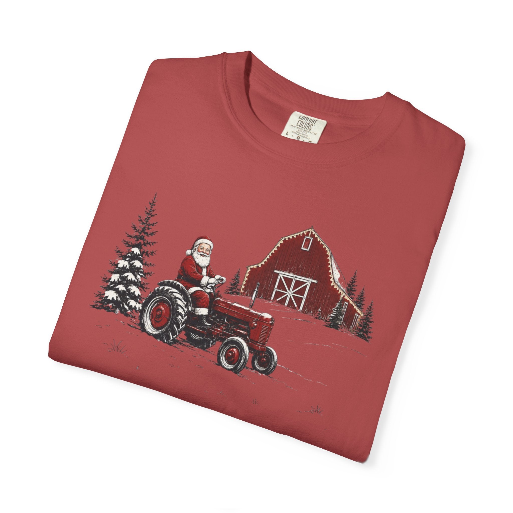 Rustic Santa Tractor and Barn Comfort Colors Shirt
