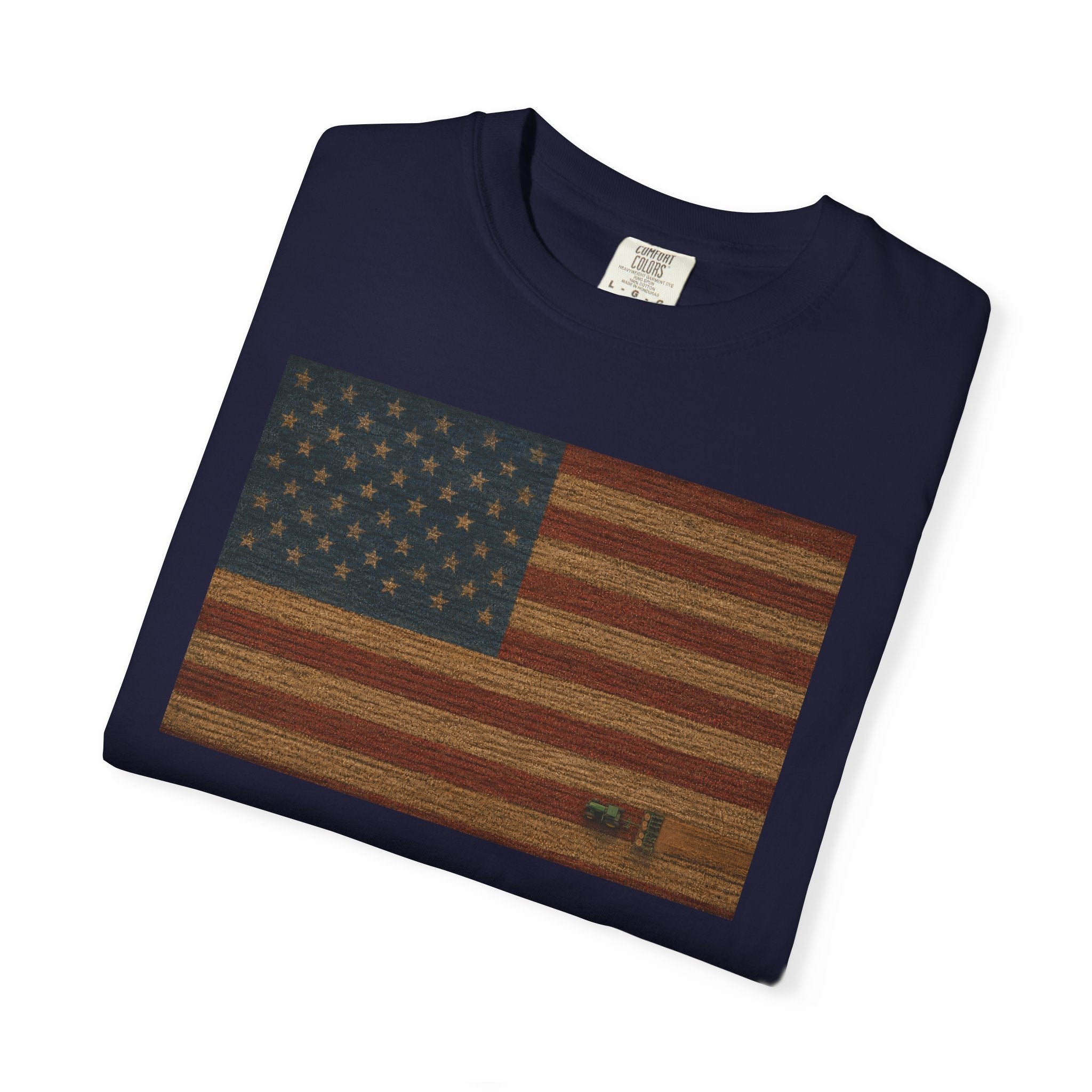 Patriotic Farmer Tractor T‑Shirt — American Flag Farm Tee