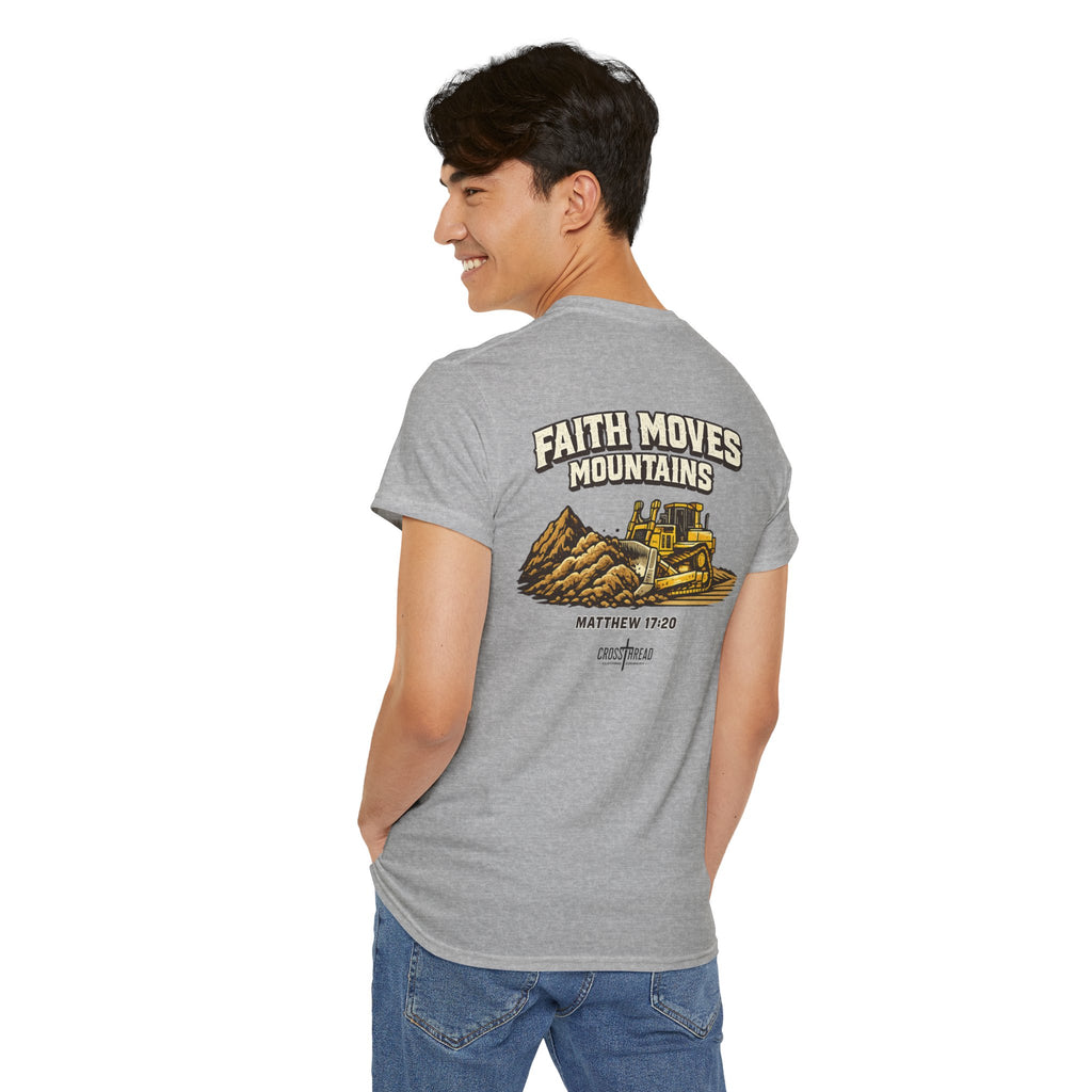 Faith Moves Mountains T‑Shirt — Inspirational Mountain & Bulldozer Graphic Tee