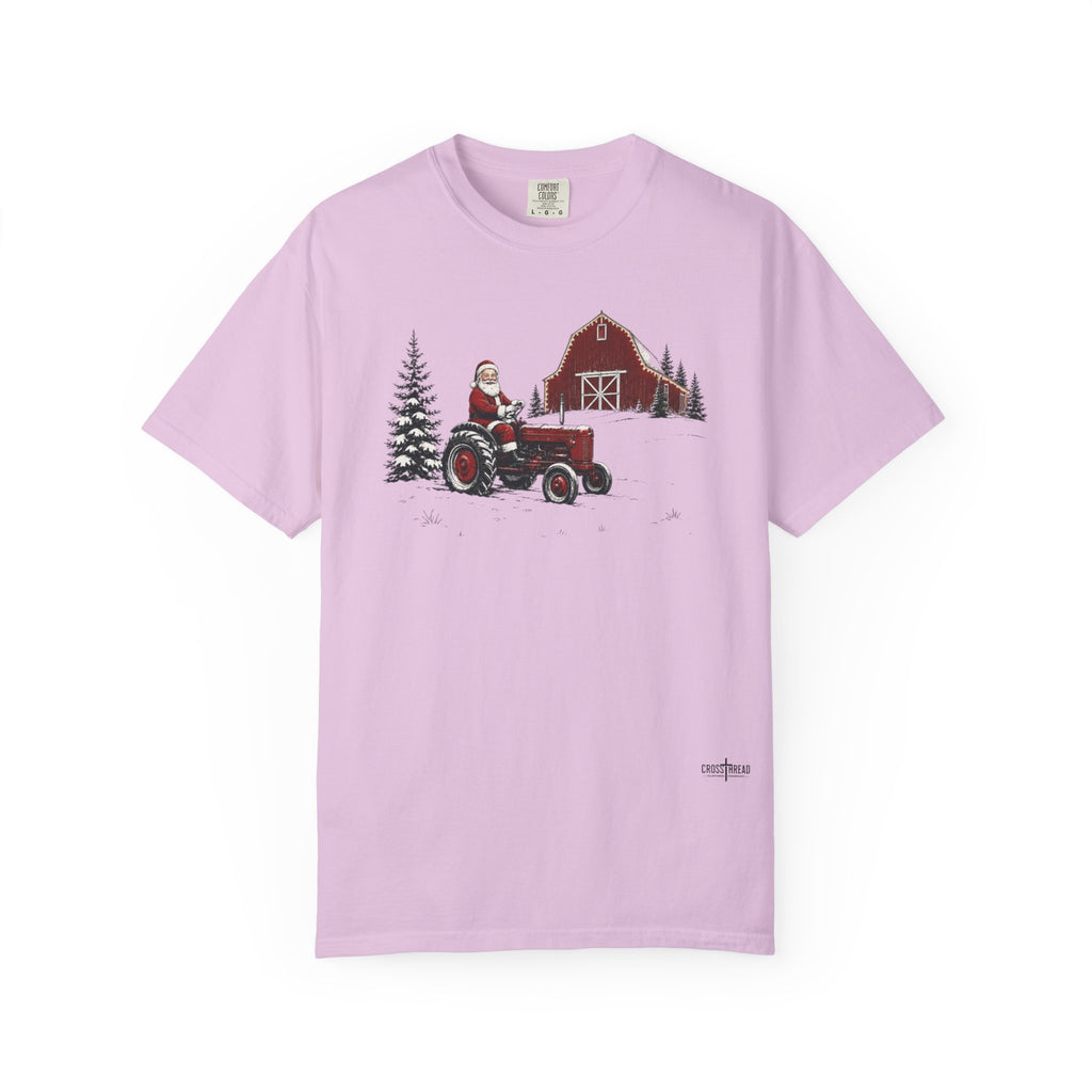 Rustic Santa Tractor and Barn Comfort Colors Shirt