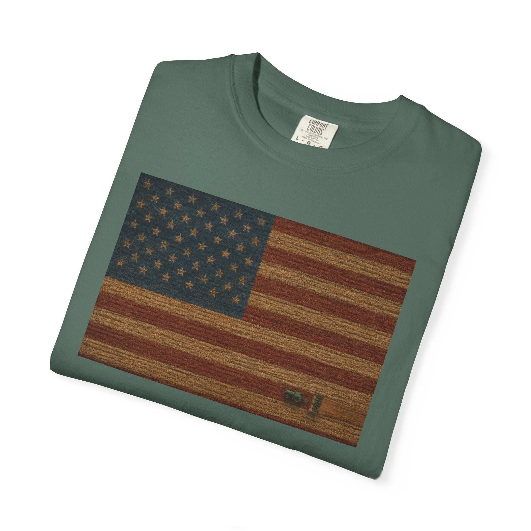 Patriotic Farmer Tractor T‑Shirt — American Flag Farm Tee