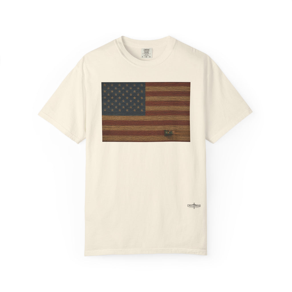 Patriotic Farmer T-Shirt — American Flag with Combine Harvester | American Grain Harvest Tee