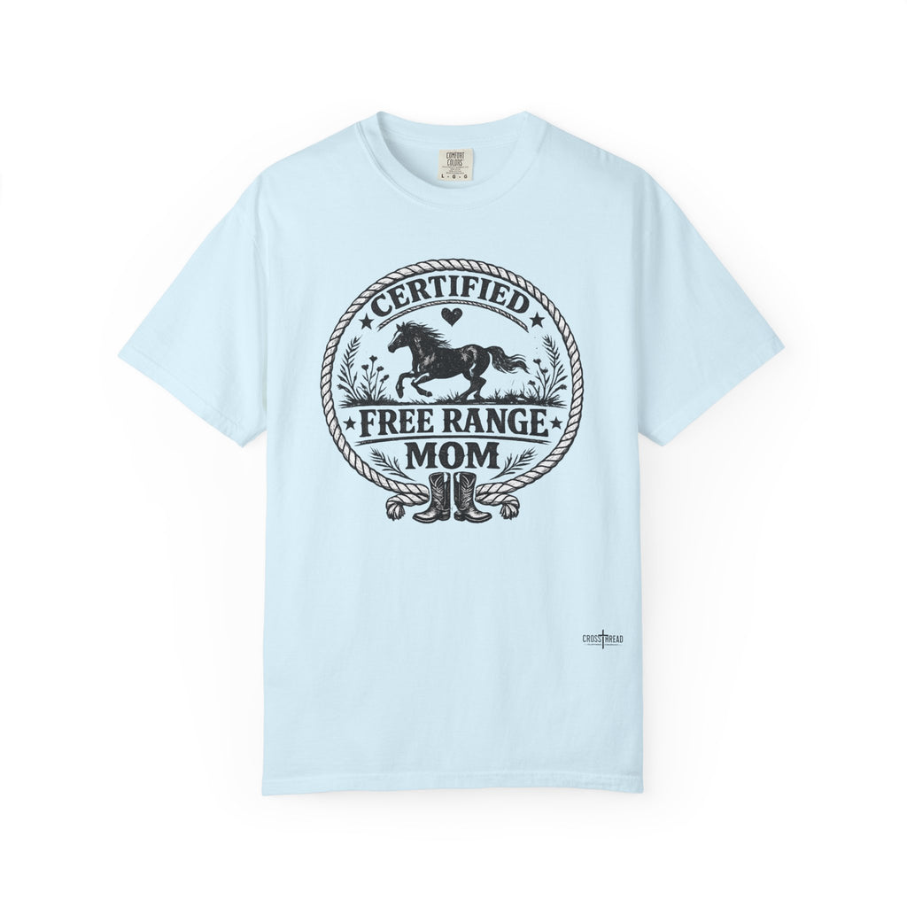 Certified Free Range Mom T-Shirt —  Farm Mom Tee, Horse & Boots Graphic
