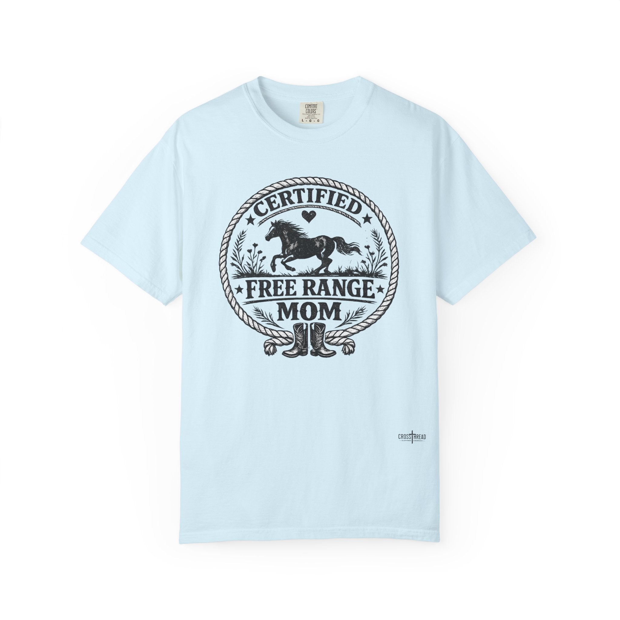 Certified Free Range Mom T-Shirt —  Farm Mom Tee, Horse & Boots Graphic