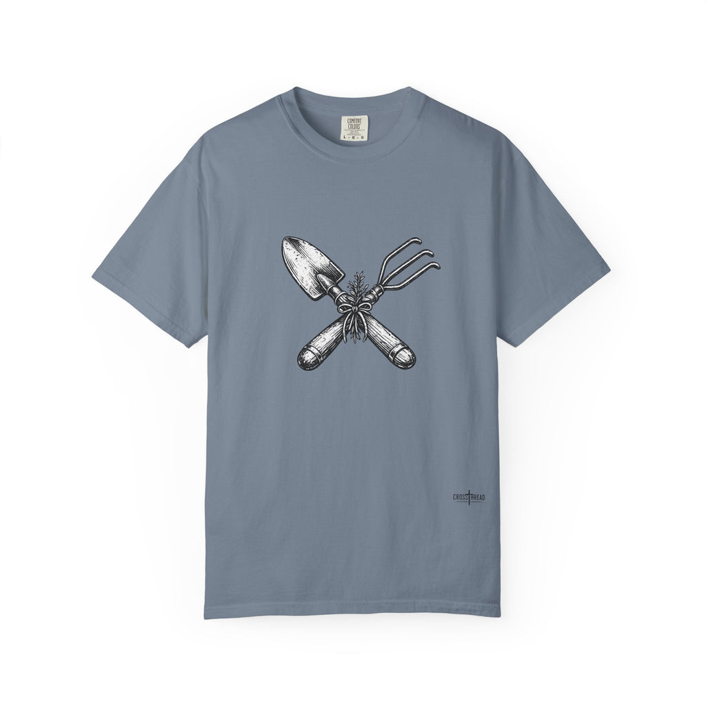 Gardener Crossed Trowel & Cultivator Tee — Vintage Gardening Tool Graphic Shirt