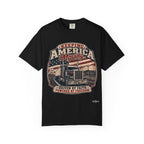 Keeping America Moving Trucker T‑Shirt — “Driven by Faith, Powered by Freedom” Vintage Semi Truck Tee