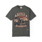Keeping America Moving Trucker T‑Shirt — “Driven by Faith, Powered by Freedom” Vintage Semi Truck Tee