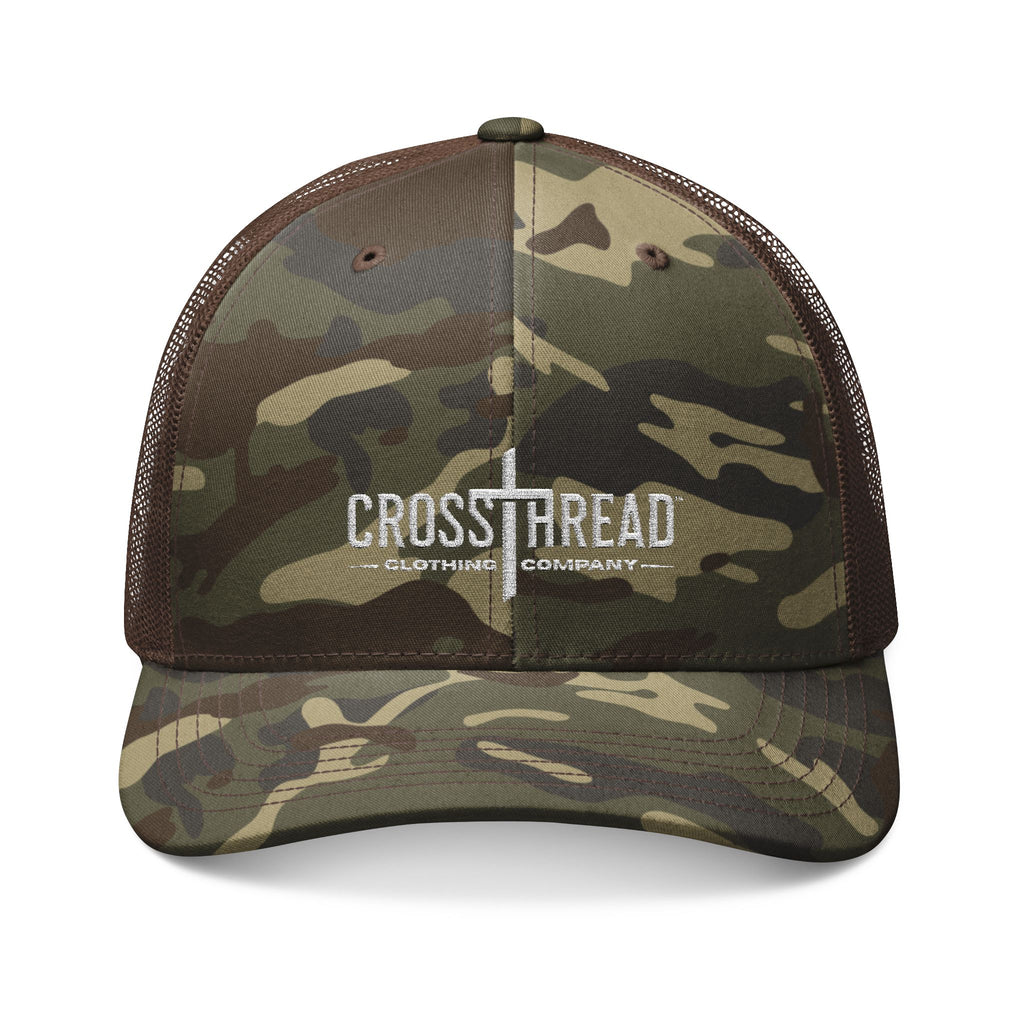 Camouflage Embroidered Logo Trucker Hat — Camo Mesh Cap for Outdoors, Hunting & Casual Wear