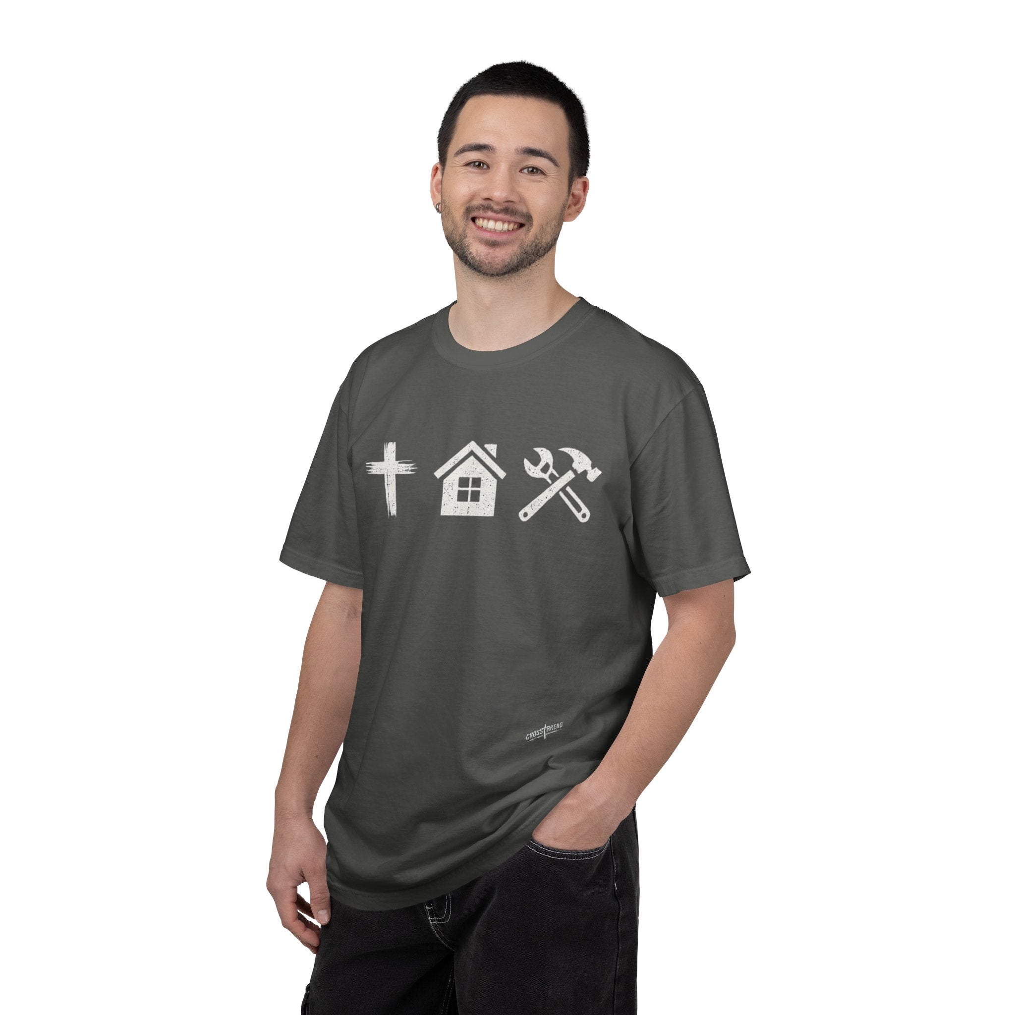 Faith Family Work T-Shirt — Inspirational Christian Men’s Tee