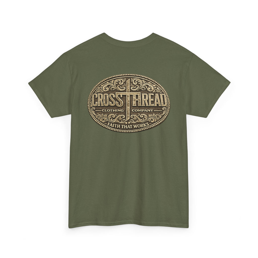 CrossThread Belt Buckle Logo Tee — Faith That Works Cotton T-Shirt