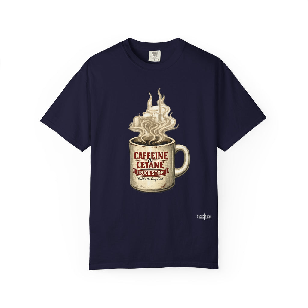 Coffee Mug Graphic T-Shirt — "Caffeine & Cetane" Vintage Coffee Design