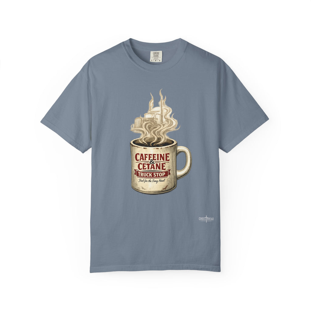 Coffee Mug Graphic T-Shirt — "Caffeine & Cetane" Vintage Coffee Design