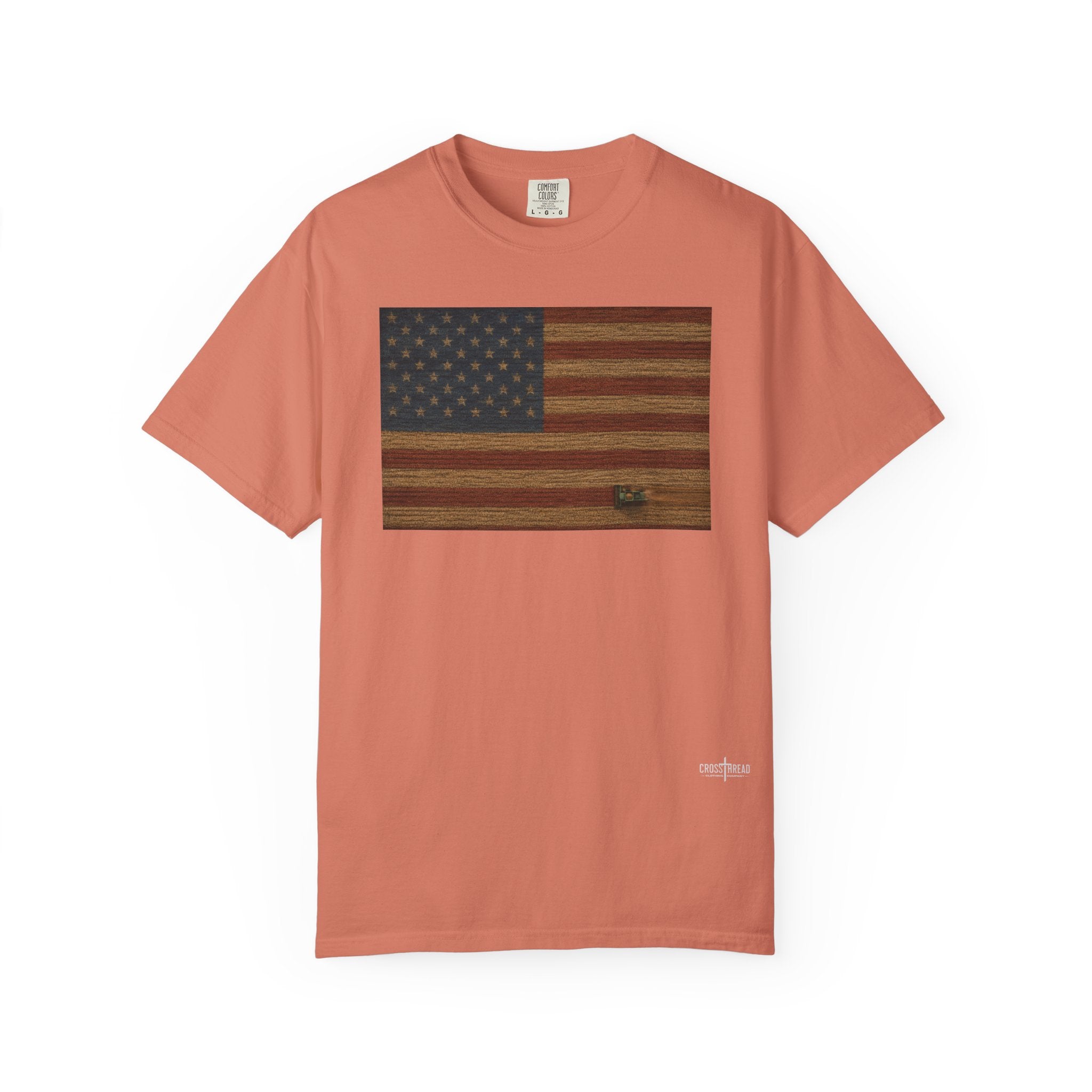 Patriotic Farmer T-Shirt — American Flag with Combine Harvester | American Grain Harvest Tee