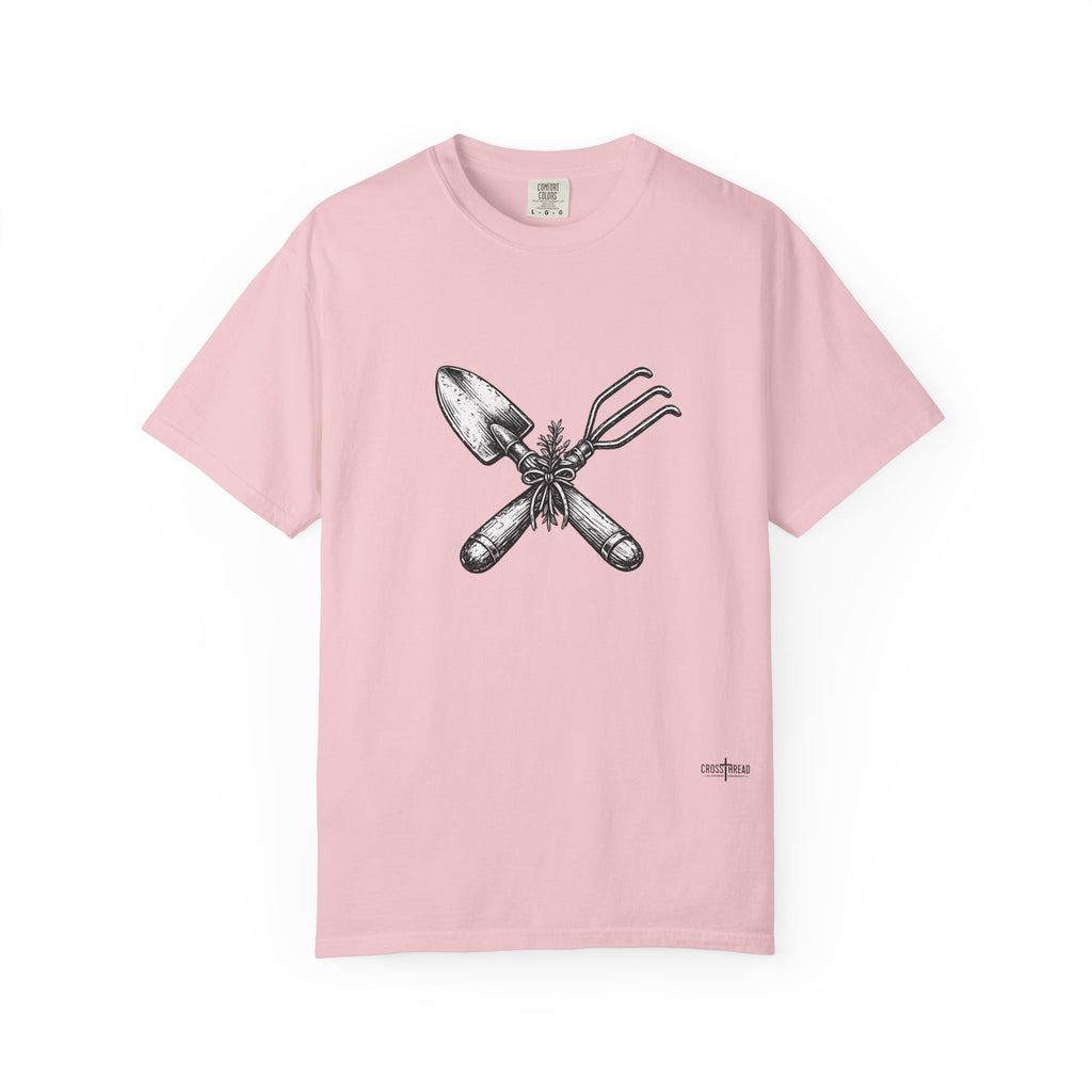 Gardener Crossed Trowel & Cultivator Tee — Vintage Gardening Tool Graphic Shirt