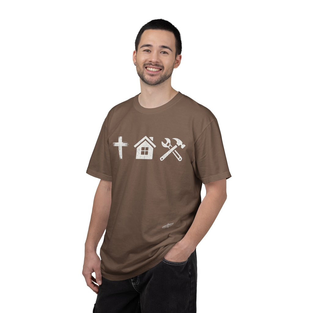 Faith Family Work T-Shirt — Inspirational Christian Men’s Tee